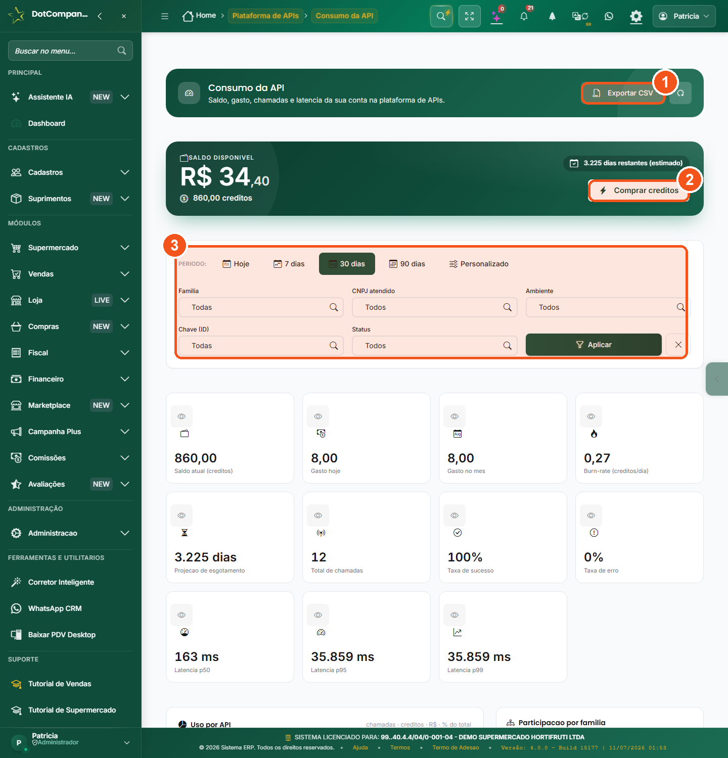 Painel Consumo da API: saldo disponivel, KPIs (gasto, burn-rate, chamadas, latencia p50/p95/p99, taxa de sucesso/erro), filtros e graficos.