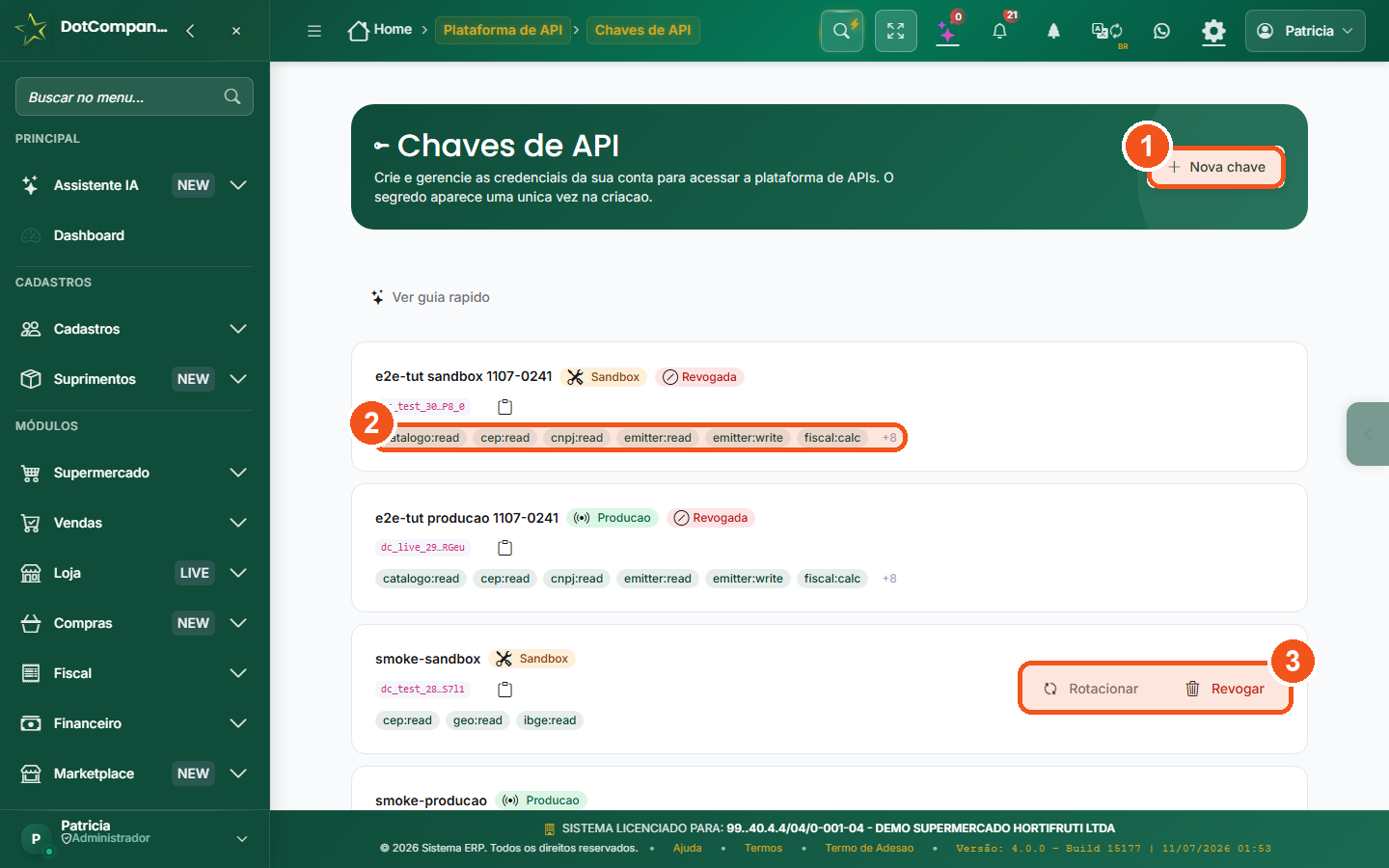 Tela Chaves de API: lista de chaves sandbox/producao com escopos de consulta e acoes de rotacionar/revogar.