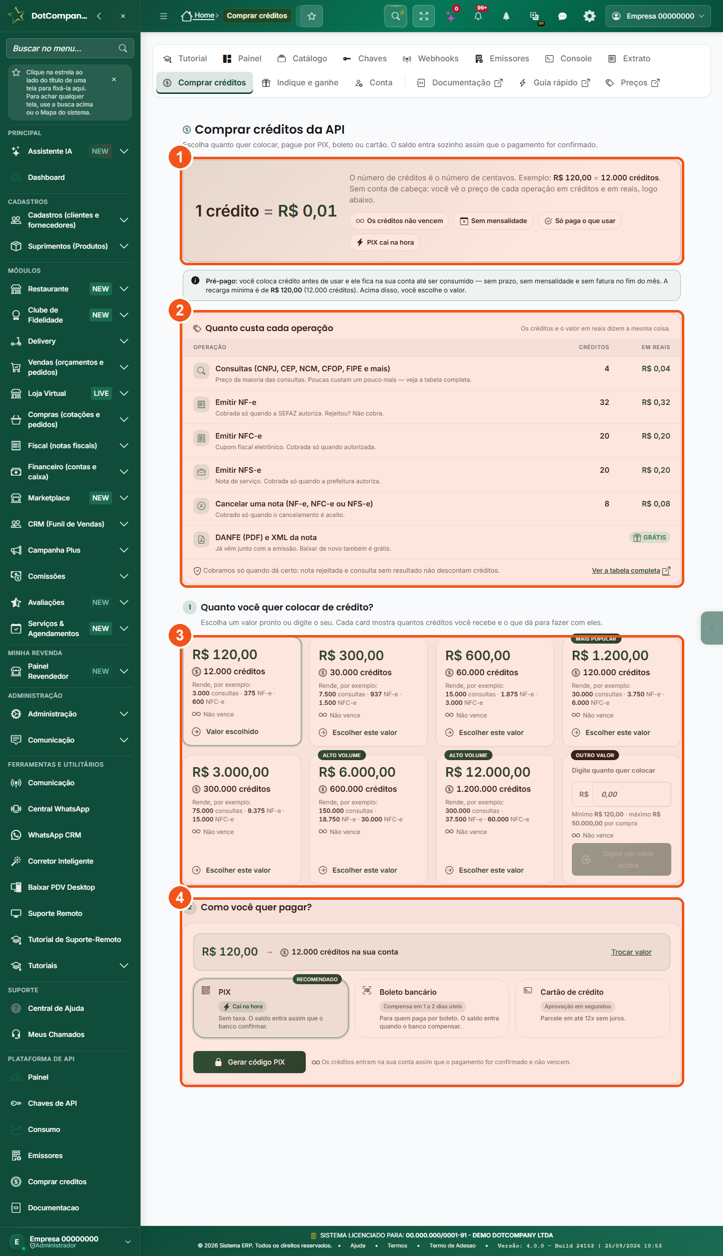 Tela Comprar créditos da API: 1 crédito = R$ 0,01, preço de cada operação em créditos e reais, valores de R$ 120 a R$ 12.000 ou outro valor, e pagamento por PIX, boleto ou cartão.
