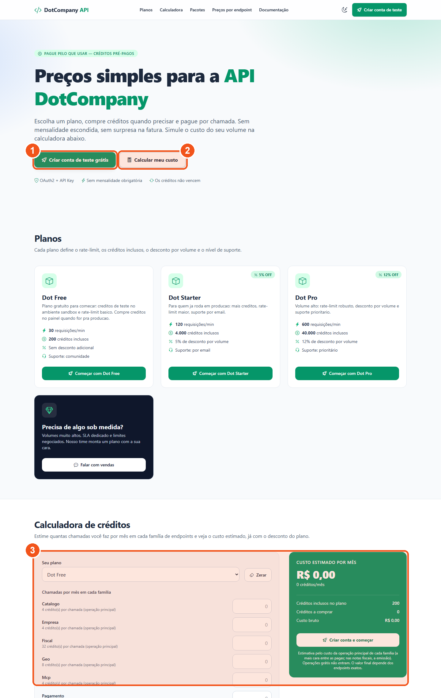 Pagina publica de precos: hero, planos, calculadora de creditos por familia de endpoints.
