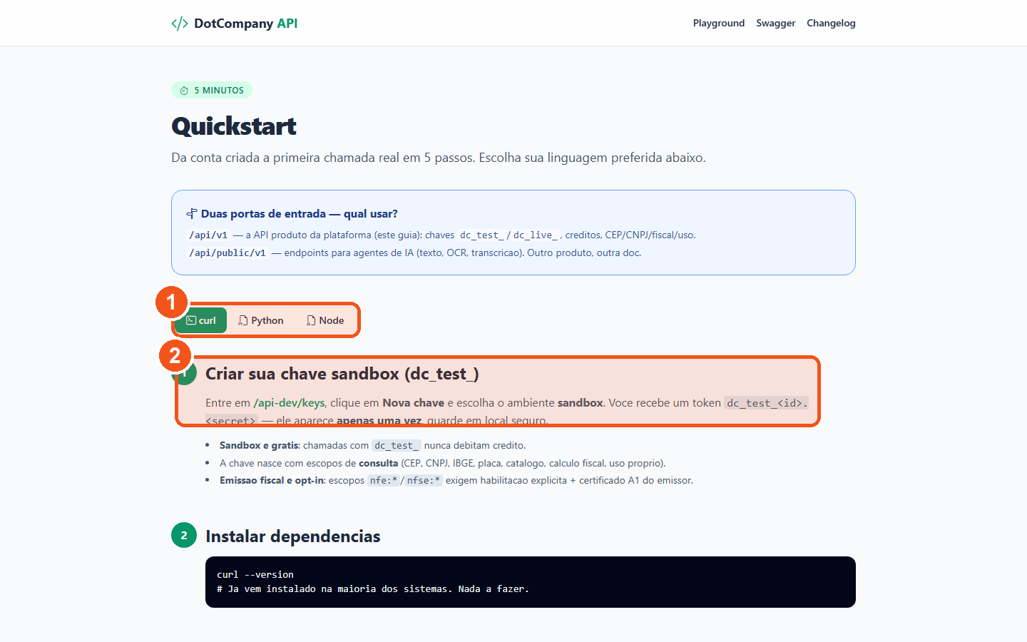 Guia Quickstart: da conta criada a primeira chamada real em 5 passos, com codigo curl/Python/Node.