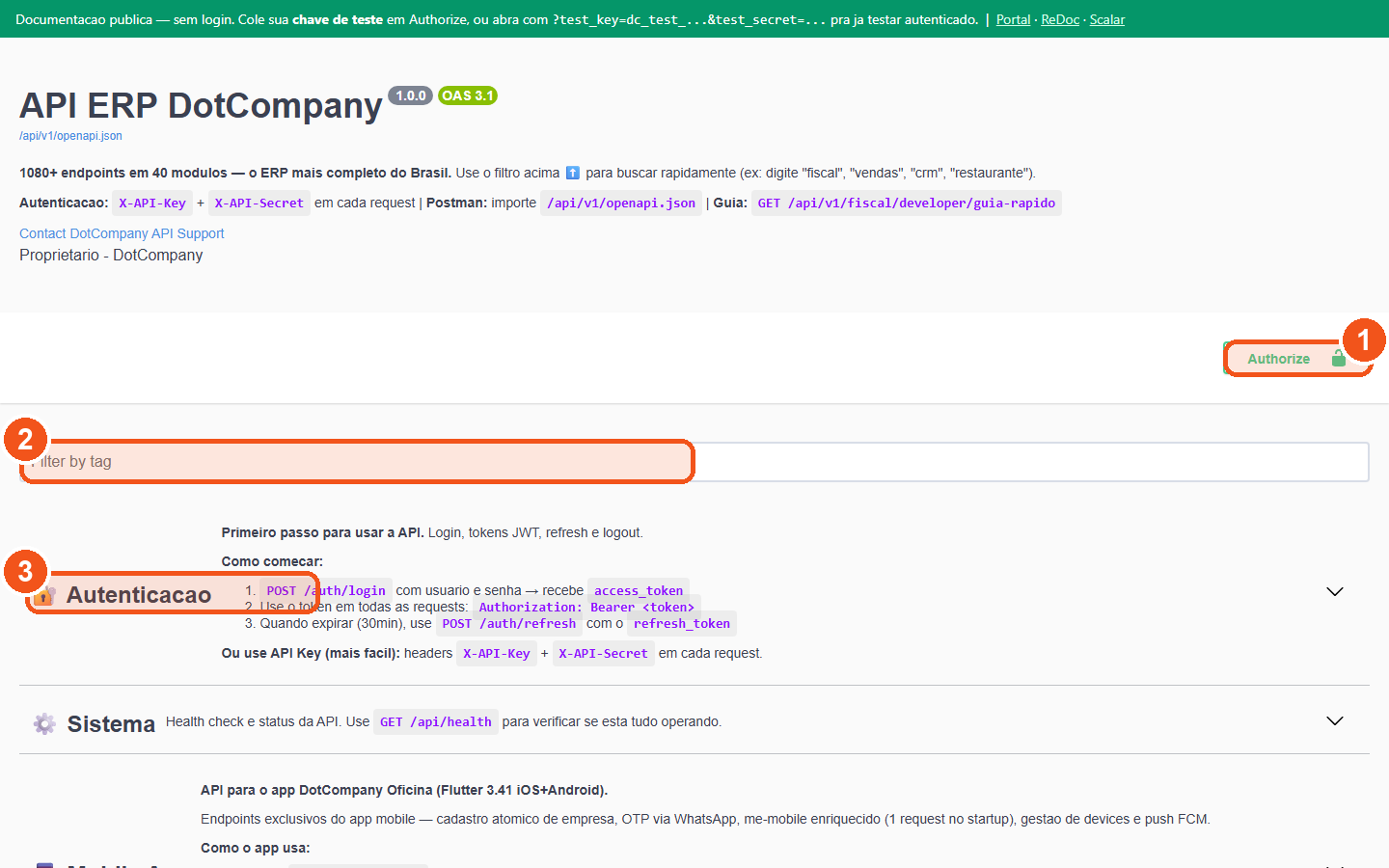 Documentacao Swagger da API ERP DotCompany (OAS 3.1): Authorize, filtro por tag e grupos de endpoints.