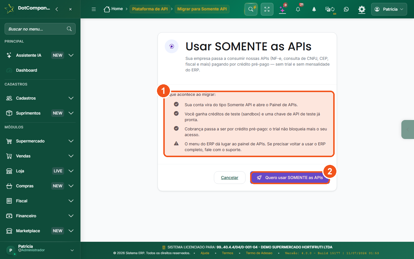 Tela Usar SOMENTE as APIs: explica o que muda ao migrar e o CTA de confirmacao.