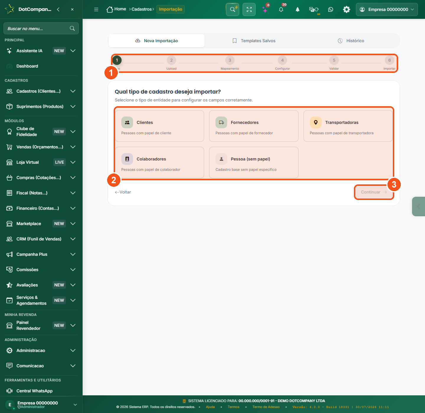 Importar uma planilha de cadastros - passo 1 do assistente