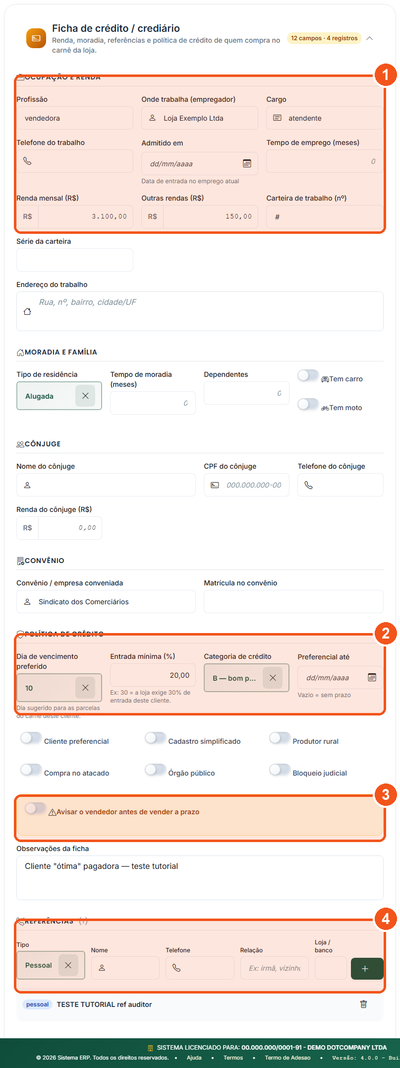 Cartão Ficha de crédito / crediário no cadastro do cliente