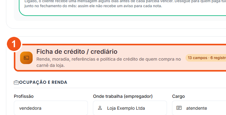 Clique no título Ficha de crédito / crediário.