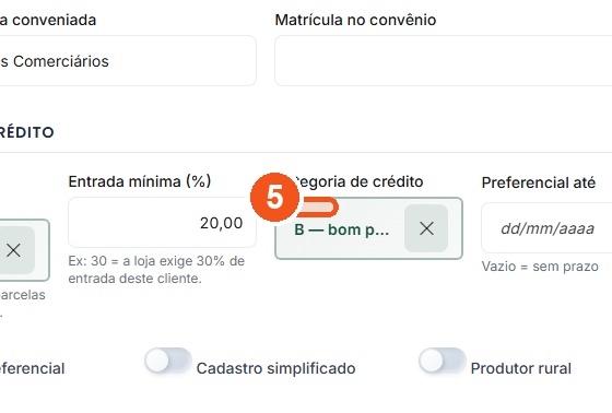 Marque a Categoria de crédito, de A a E.