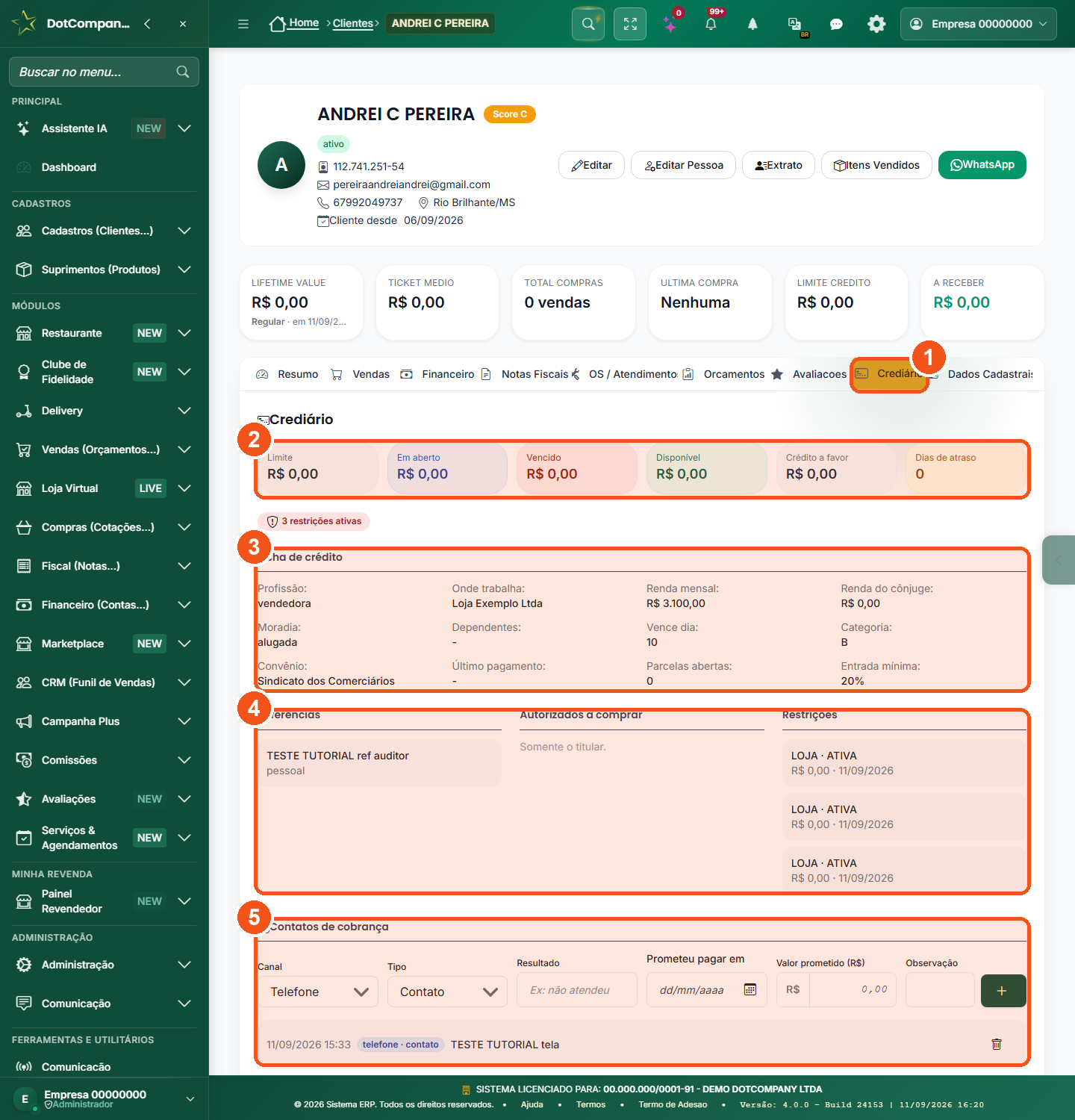Visão 360 do cliente com a aba Crediário aberta