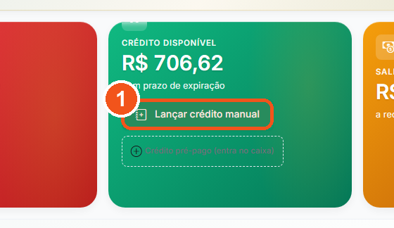No cartão Crédito Disponível, clique no botão verde Lançar crédito manual.
