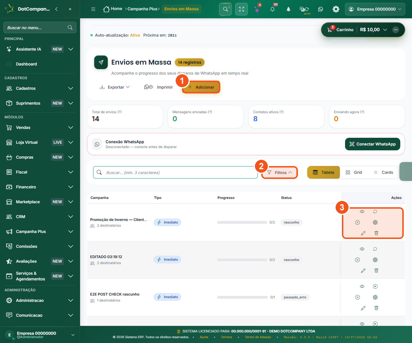 Lista de campanhas Envios em Massa, com botão Adicionar, filtros e ações por linha