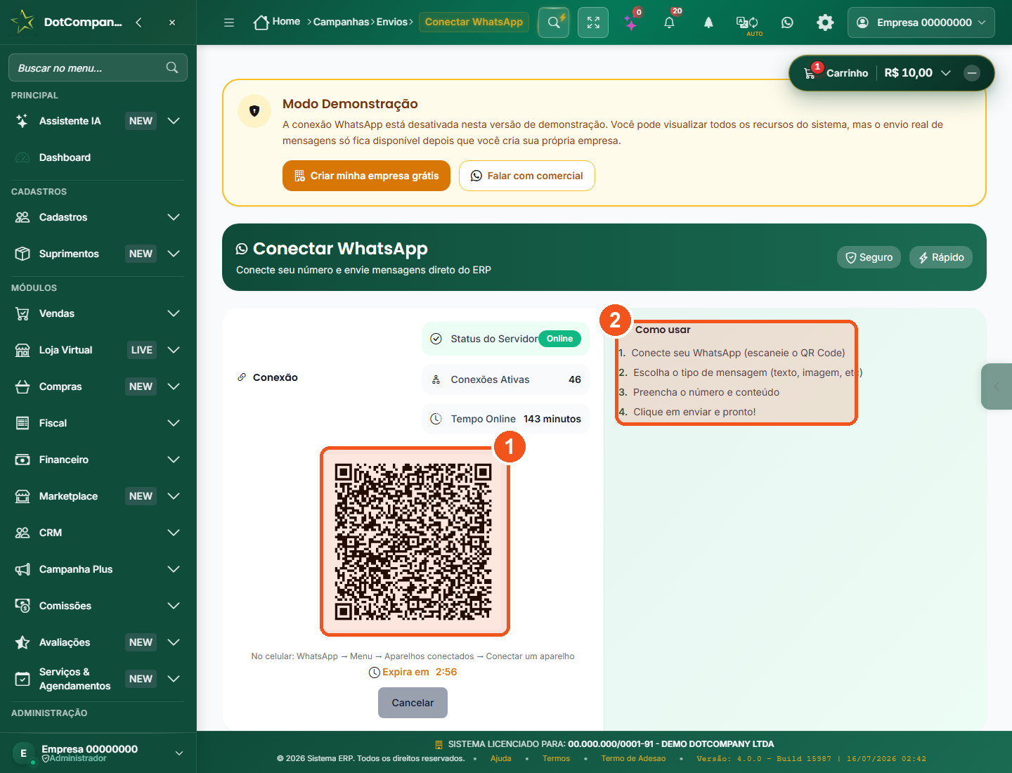 Tela Conectar WhatsApp com QR Code e instruções de uso