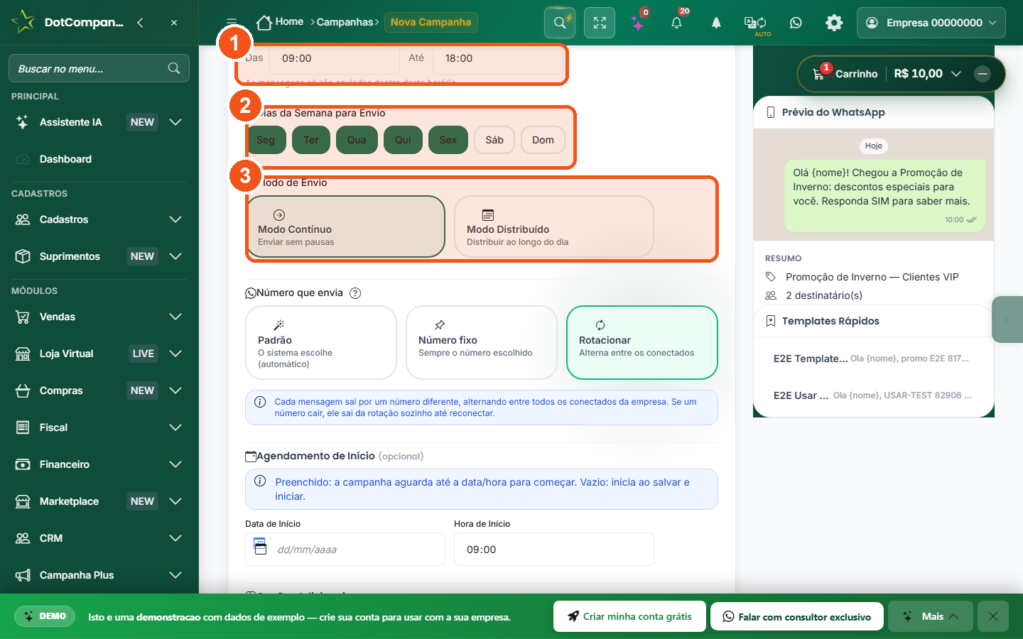 Etapa Configurações: horário de envio, dias da semana e modo de envio