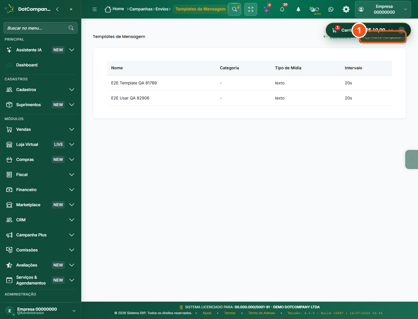 Tela de templates de mensagem com botão Novo Template