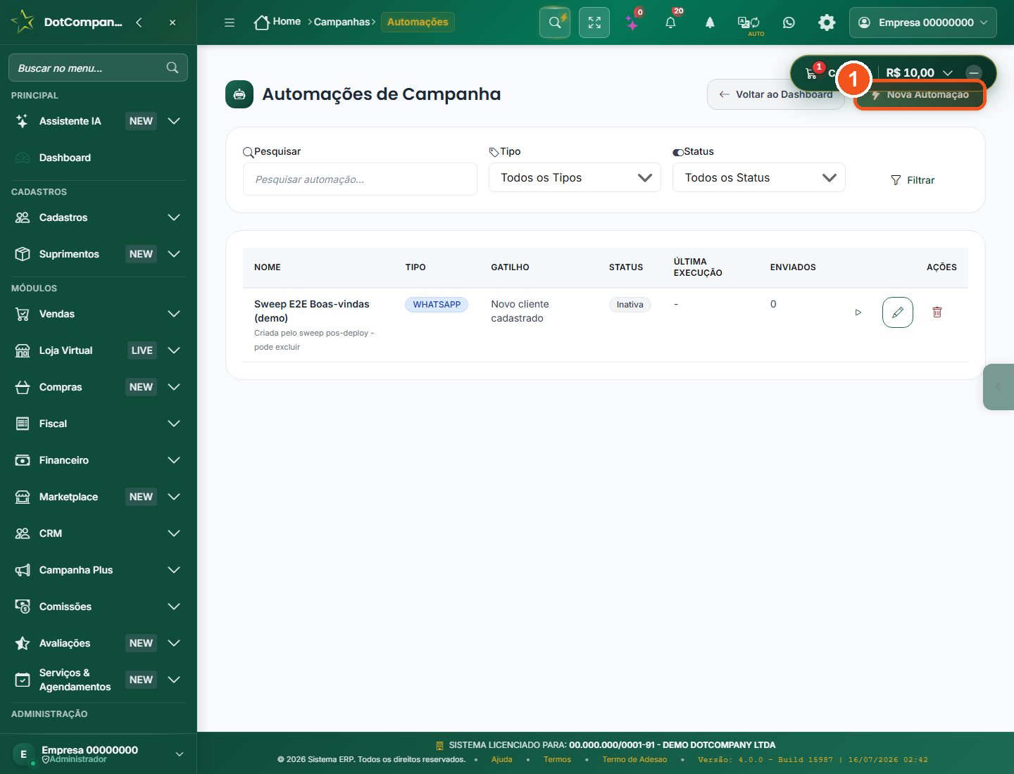 Tela de automações de campanha com botão Nova Automação