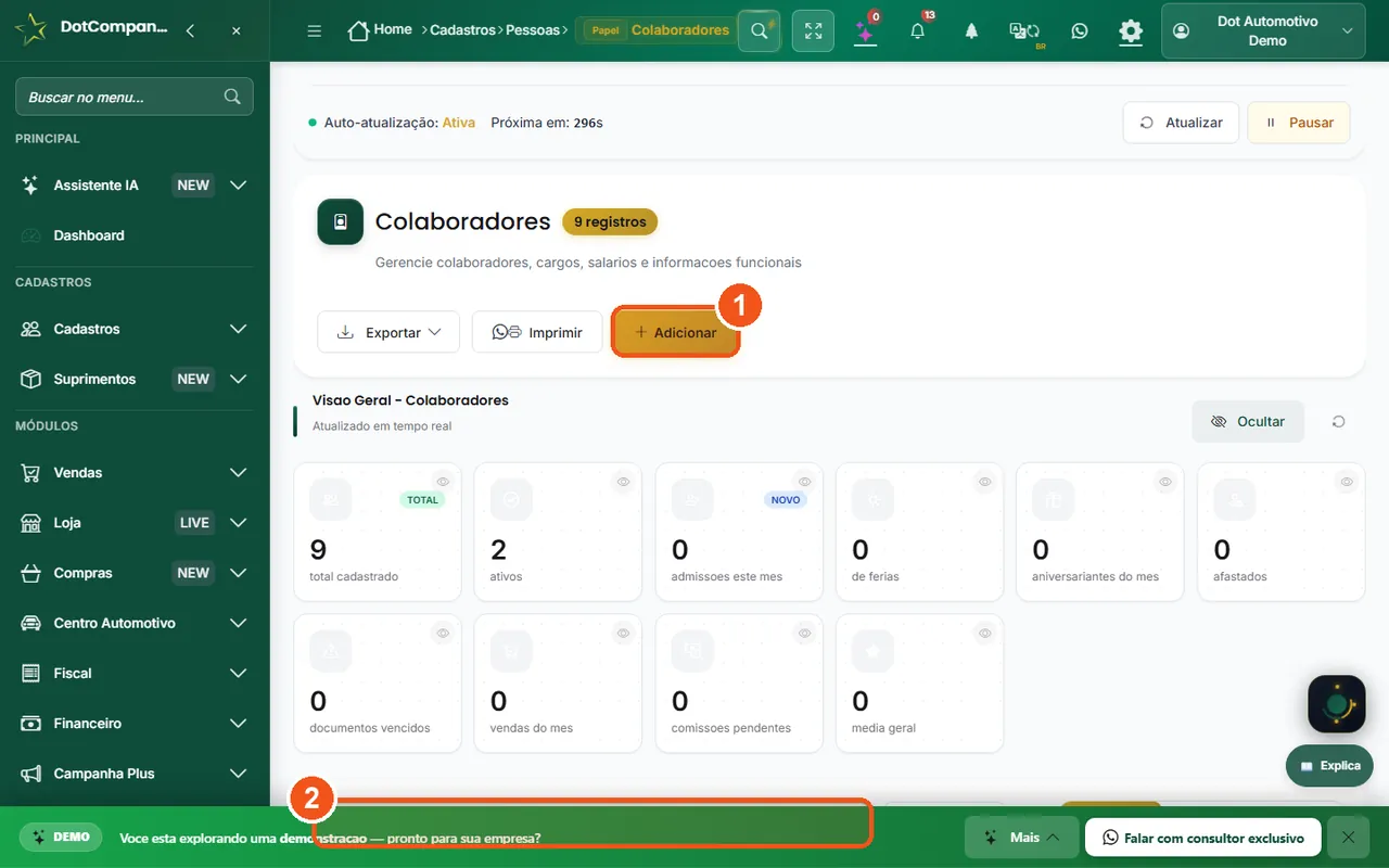 Tela de colaboradores e comissões da oficina