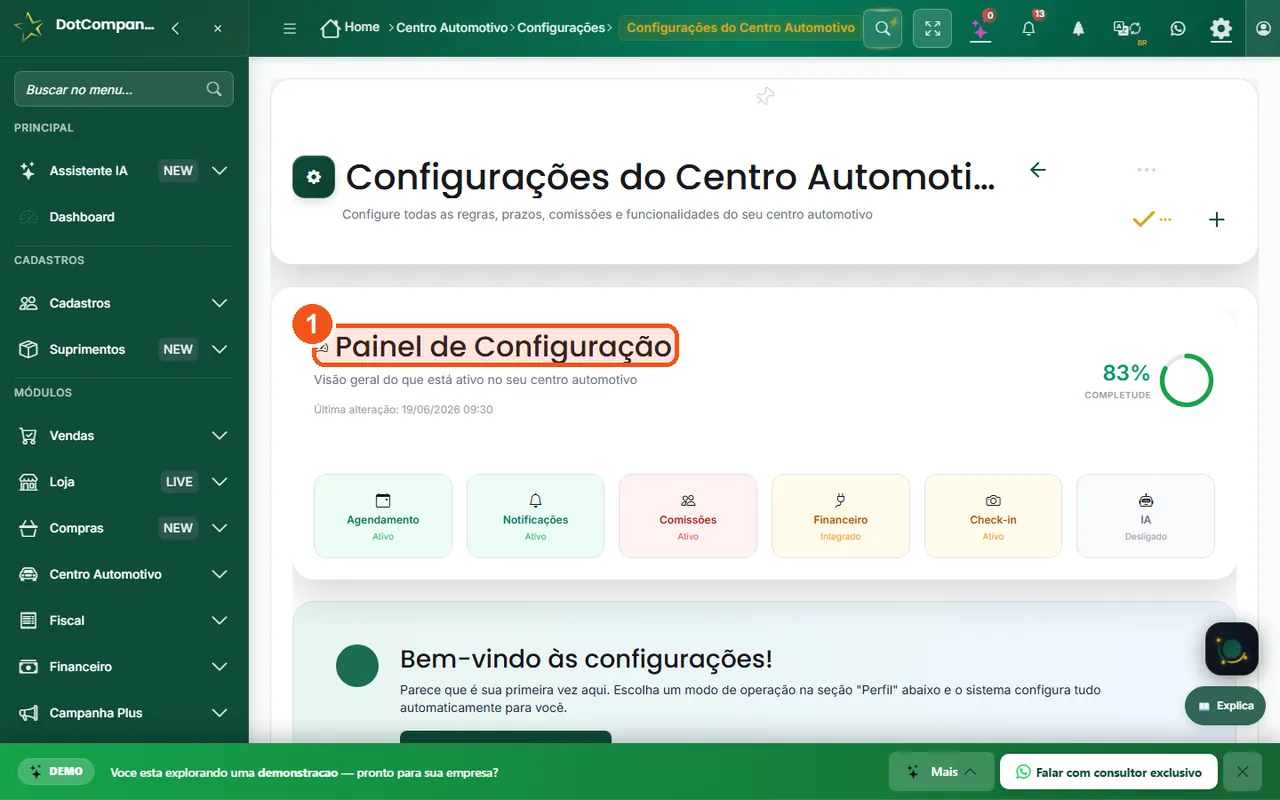 Tela de configurações e personalização do sistema