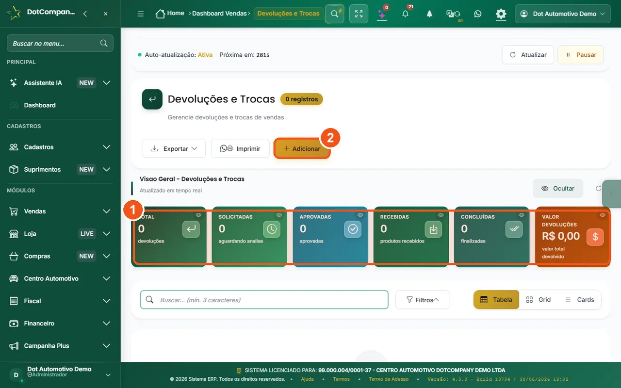 Tela de devoluções e trocas com fluxo por status