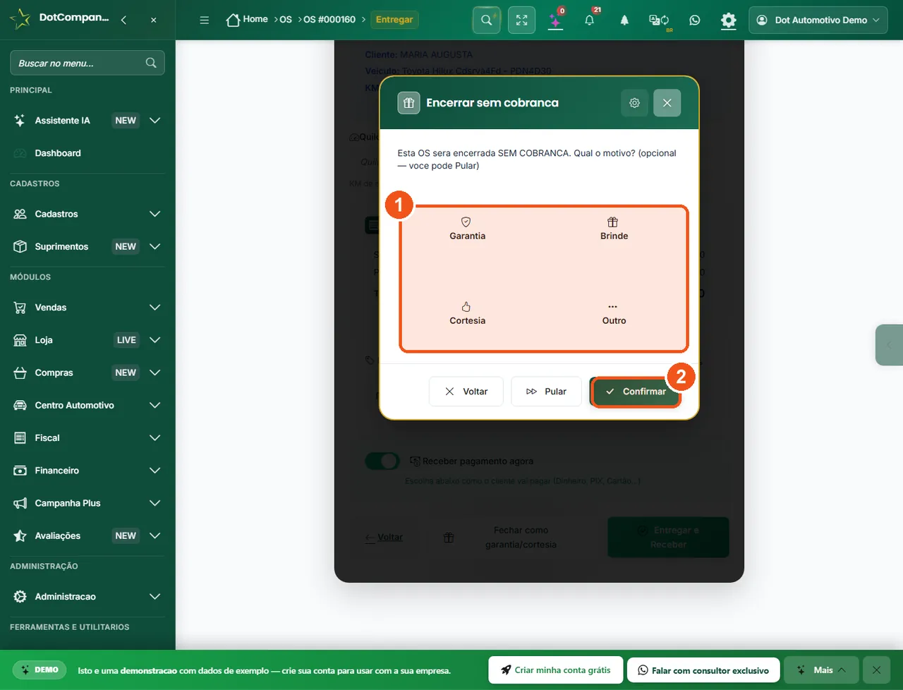 Botão Fechar e Receber com resumo da OS e tipos de item
