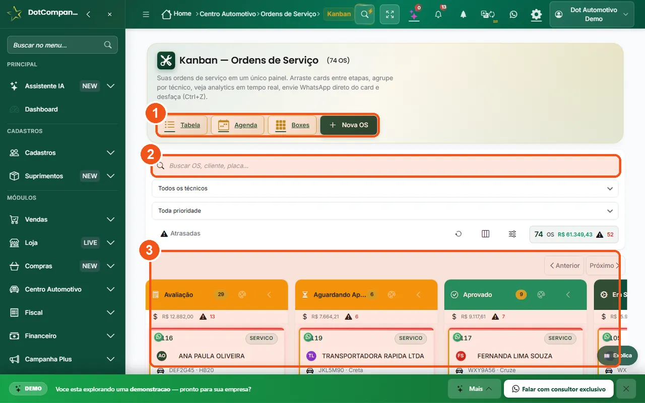 Quadro Kanban do pátio com cards de OS por status