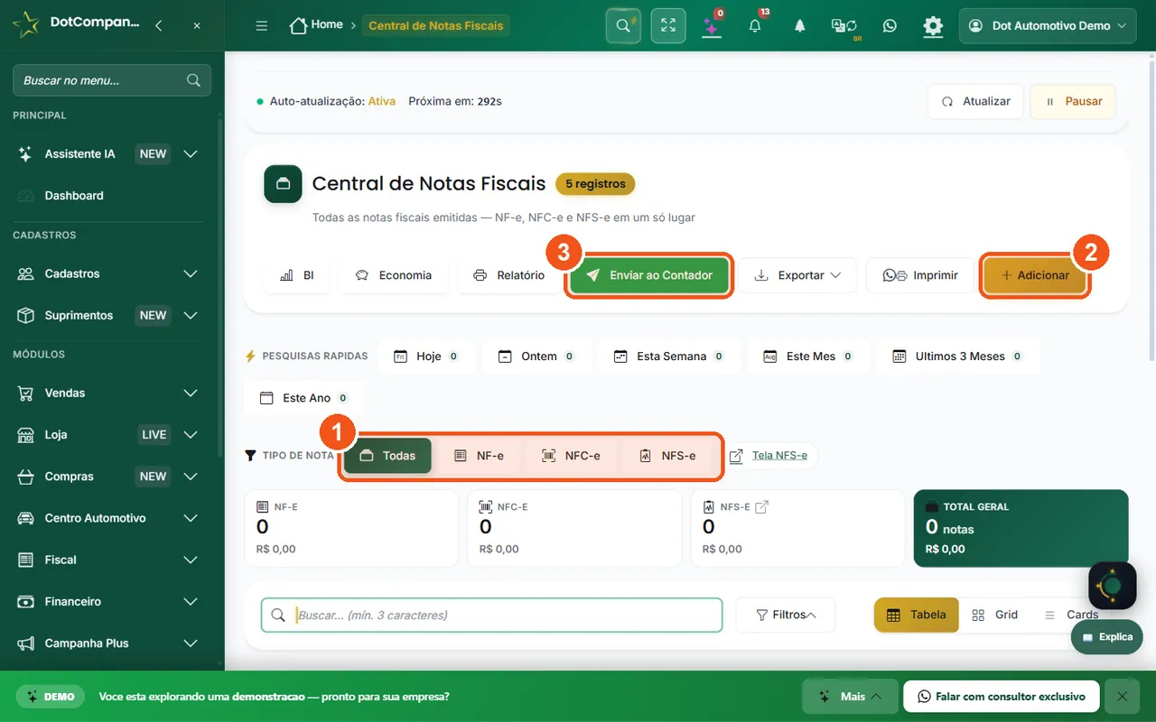 Central de notas fiscais com NFS-e, NF-e e NFC-e