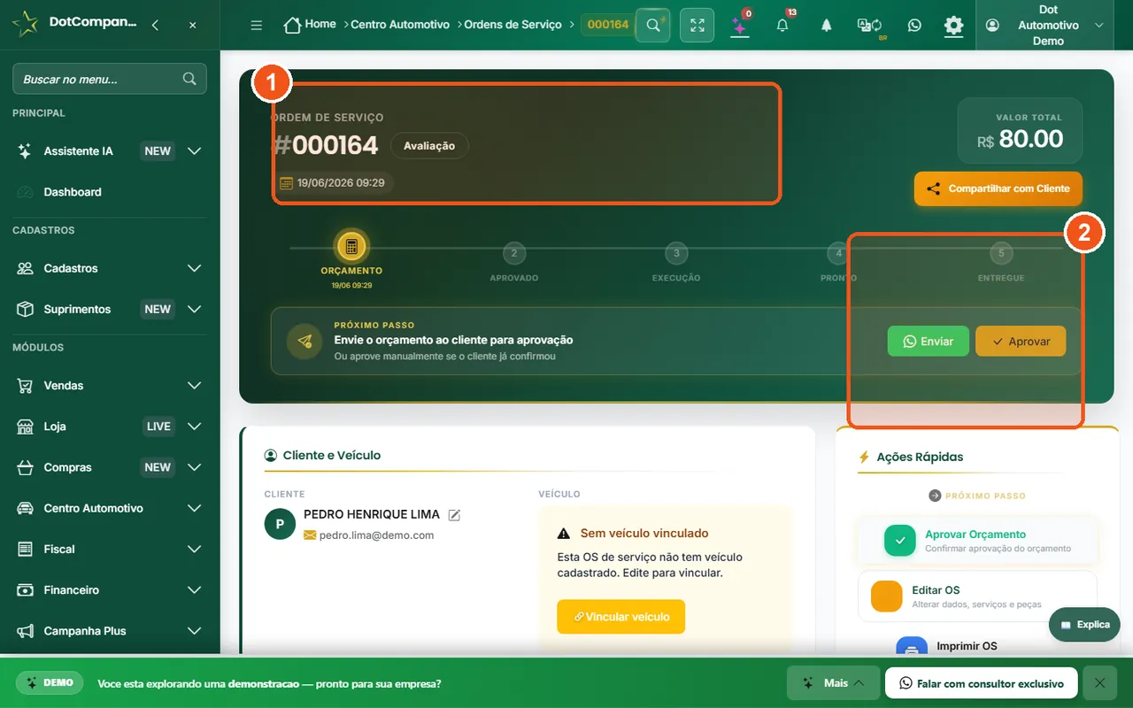 Tela da Ordem de Serviço completa com serviços, peças e valores