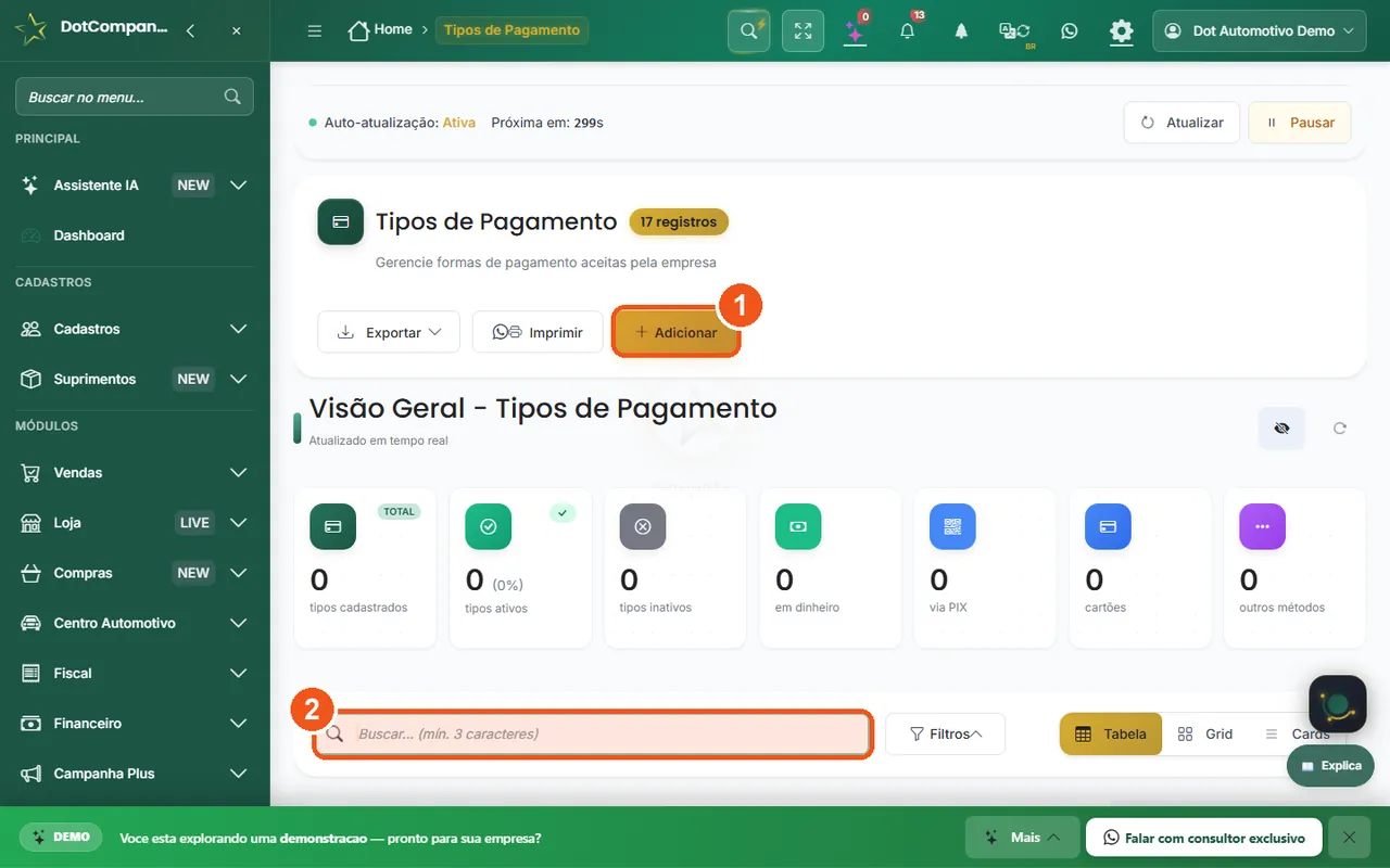 Tela de formas e condições de pagamento