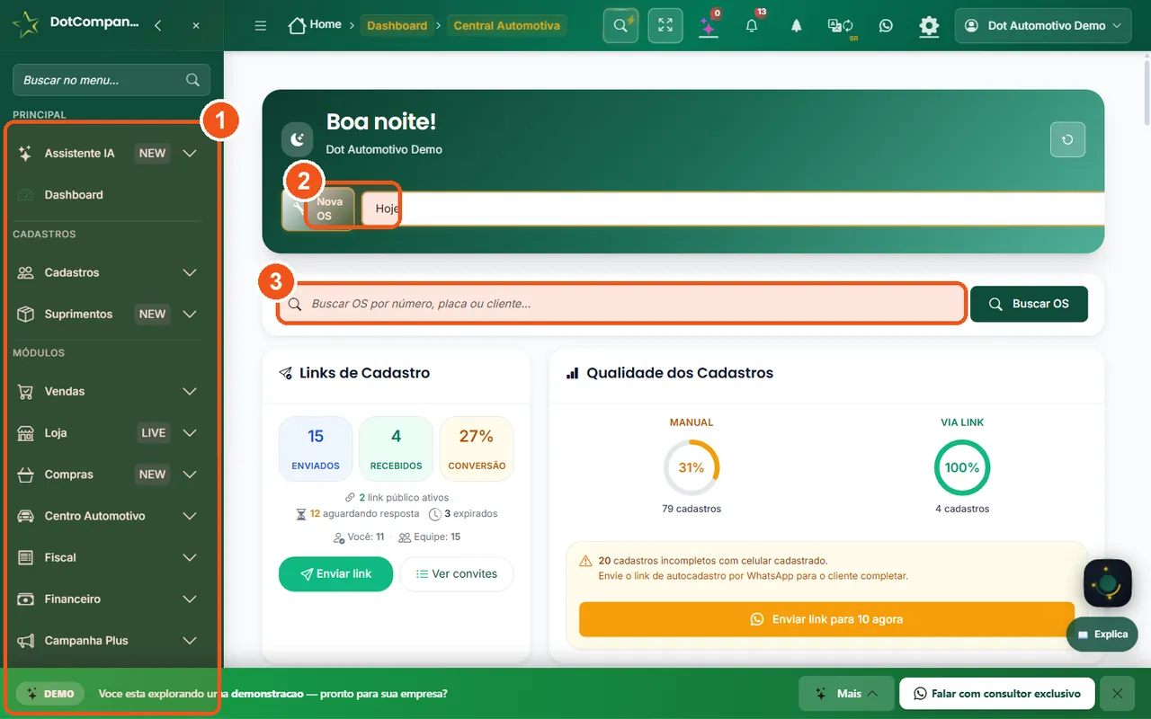 Painel principal do sistema com faturamento, OS por status e atalhos rápidos