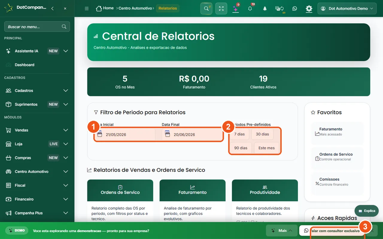 Central de relatórios da oficina