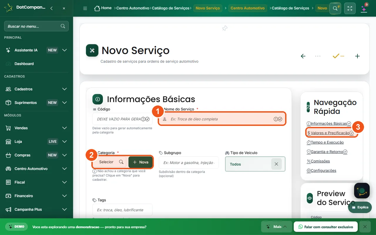 Catálogo de serviços com preços e tempo estimado