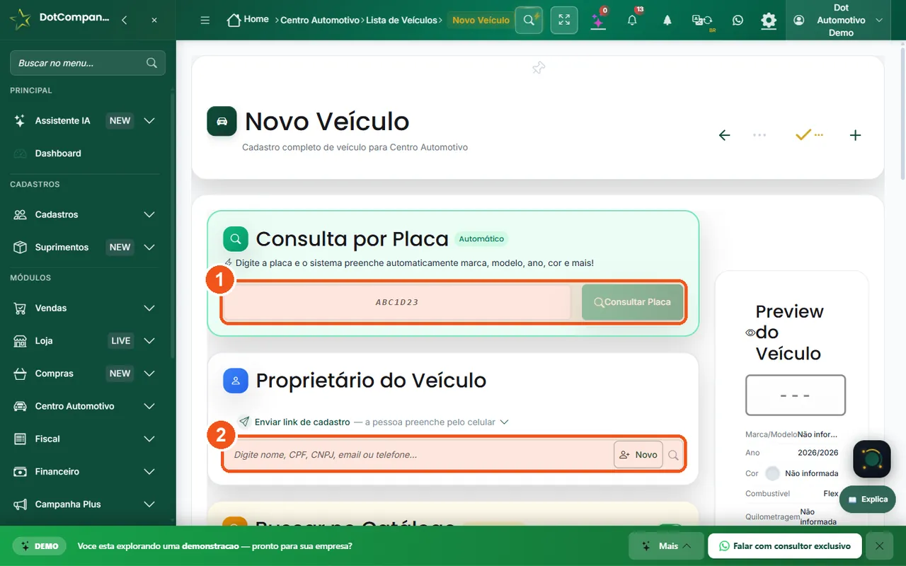 Ficha do veículo com dados preenchidos pela placa