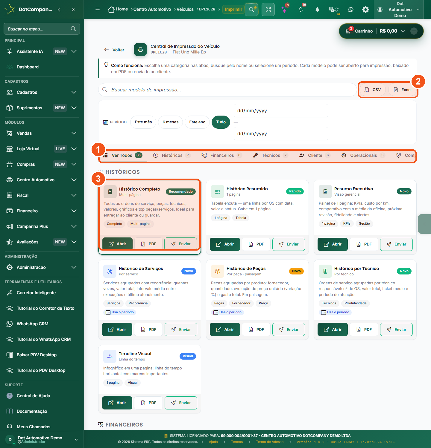Tela Central de Impressão do Veículo com as abas de categorias, os botões CSV e Excel e um modelo de relatório com os botões Abrir, PDF e Enviar destacados