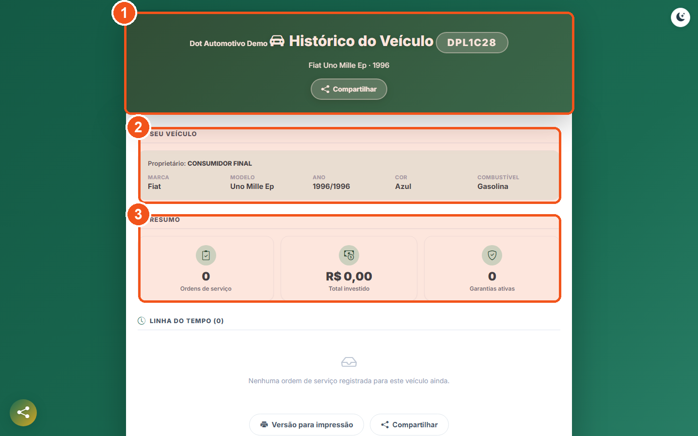 Página pública do Histórico do Veículo que o cliente abre pelo link, com o cabeçalho, o bloco Seu Veículo (sem chassi, Renavam ou valor) e o Resumo destacados