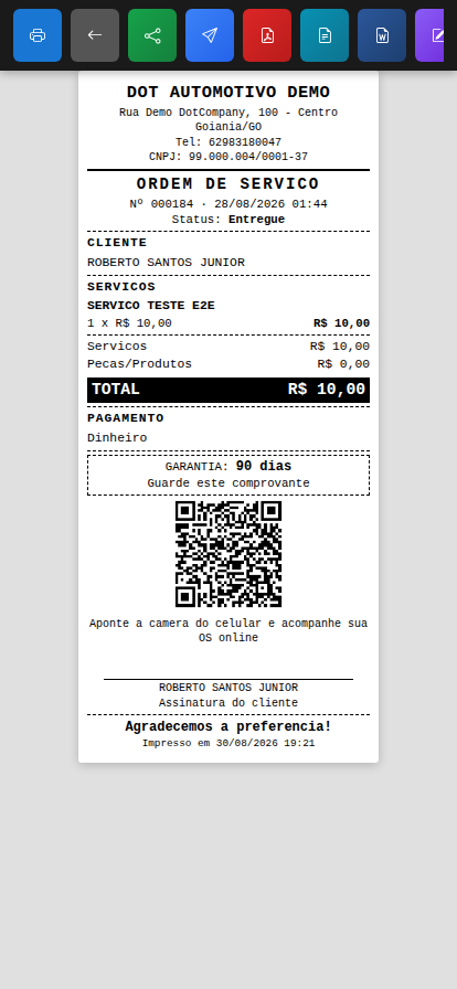 Impressão térmica completa da OS em bobina de 80mm mostrando cabeçalho da empresa, número da OS, cliente, serviços, total, forma de pagamento, garantia, QR Code e linha de assinatura