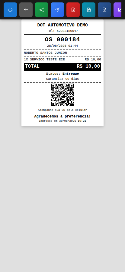 Cupom térmico curto da ordem de serviço com nome da empresa, número da OS, cliente, item, total em destaque, status, garantia e QR Code