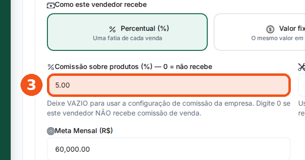 Campo Comissão sobre produtos (%)