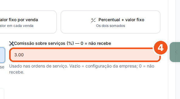 Campo Comissão sobre serviços (%)