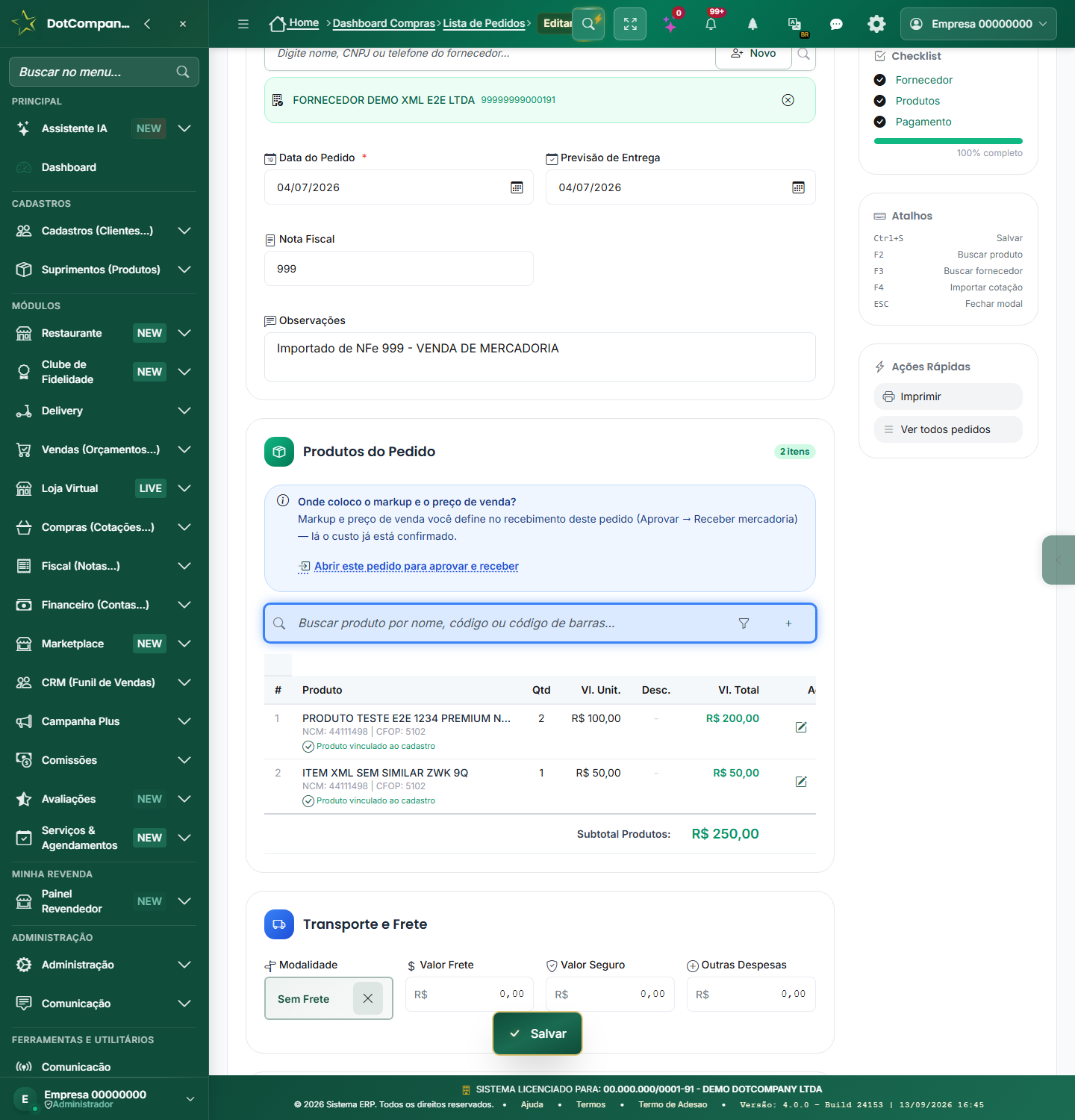 Itens do pedido de compra com o aviso sobre markup e preço de venda