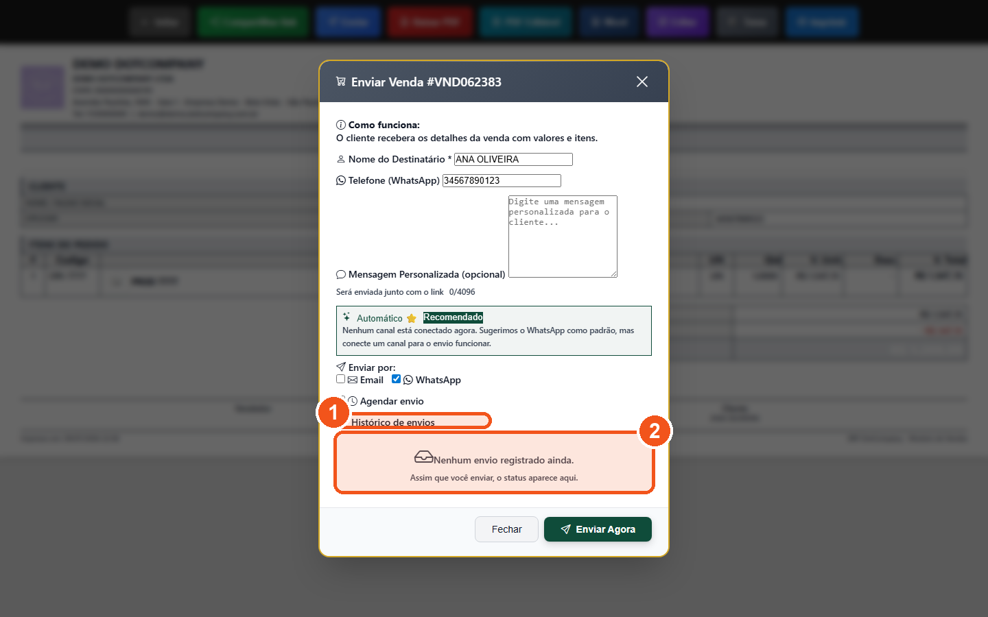 Aba Histórico de envios aberta mostrando o estado vazio Nenhum envio registrado ainda