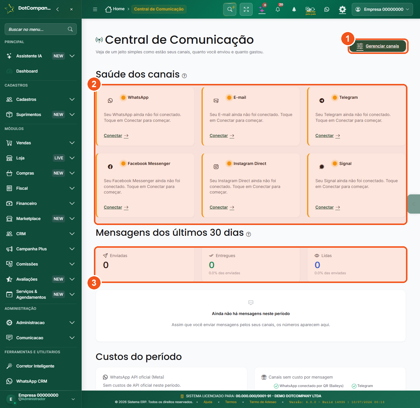 Painel Central de Comunicação com saúde dos canais e mensagens dos últimos 30 dias