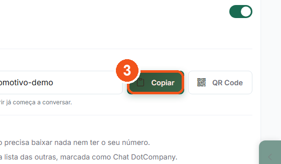 Clique em Copiar para copiar o endereço do chat.