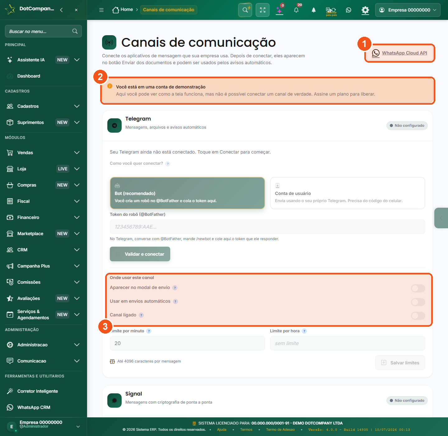 Tela de Canais com botão WhatsApp Cloud API, aviso de demonstração e opções Onde usar este canal