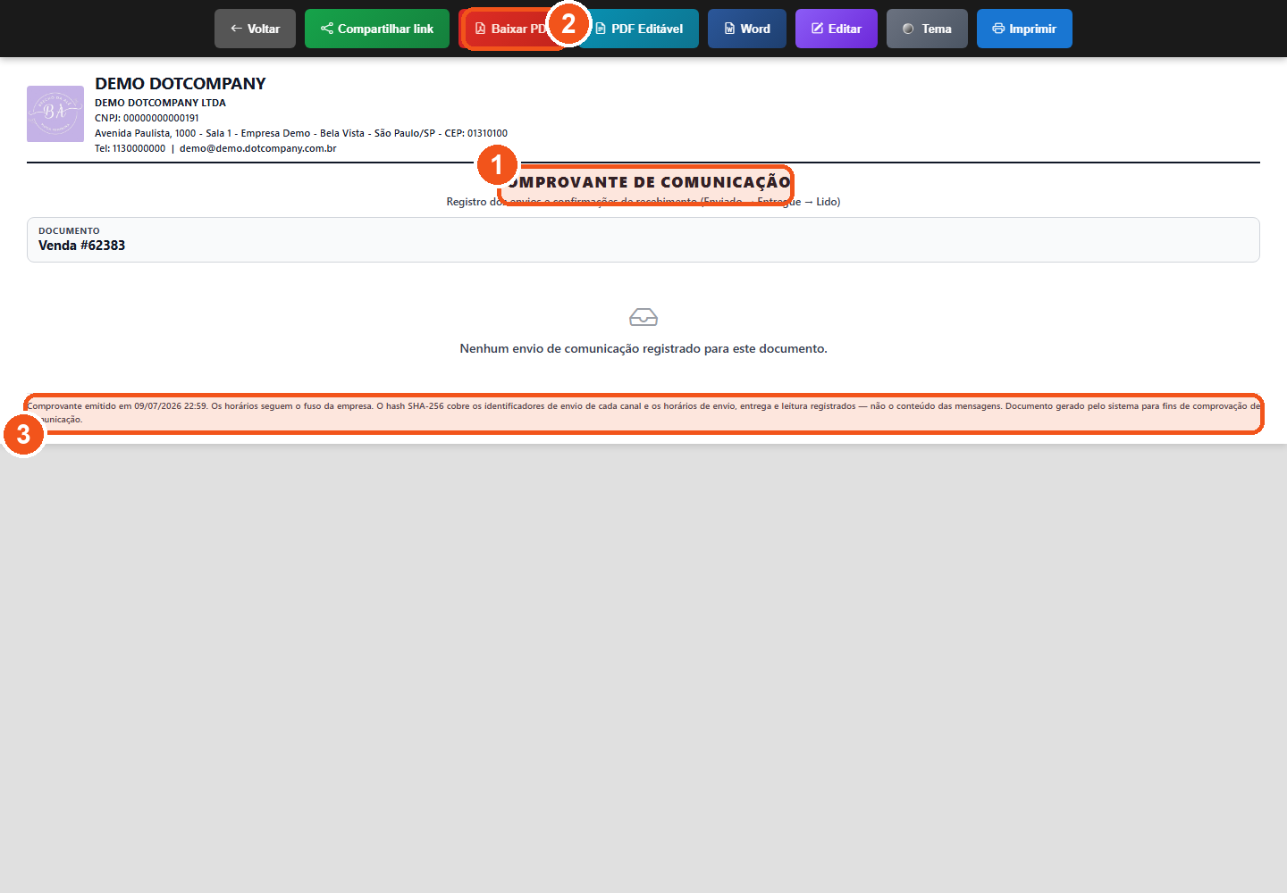 Comprovante de comunicação com cabeçalho da empresa, documento e rodapé com hash SHA-256