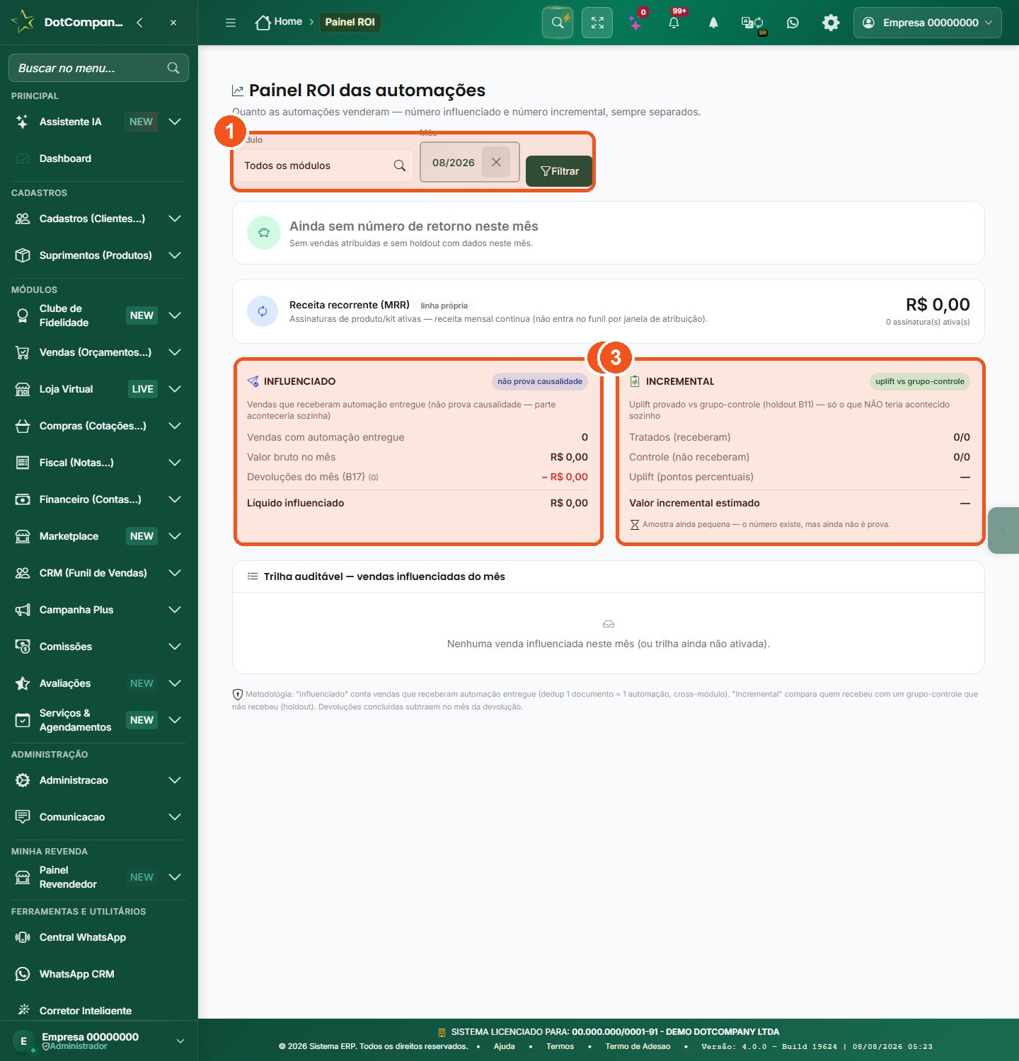 Painel ROI das automacoes com filtros de modulo e mes e os cartoes Influenciado e Incremental