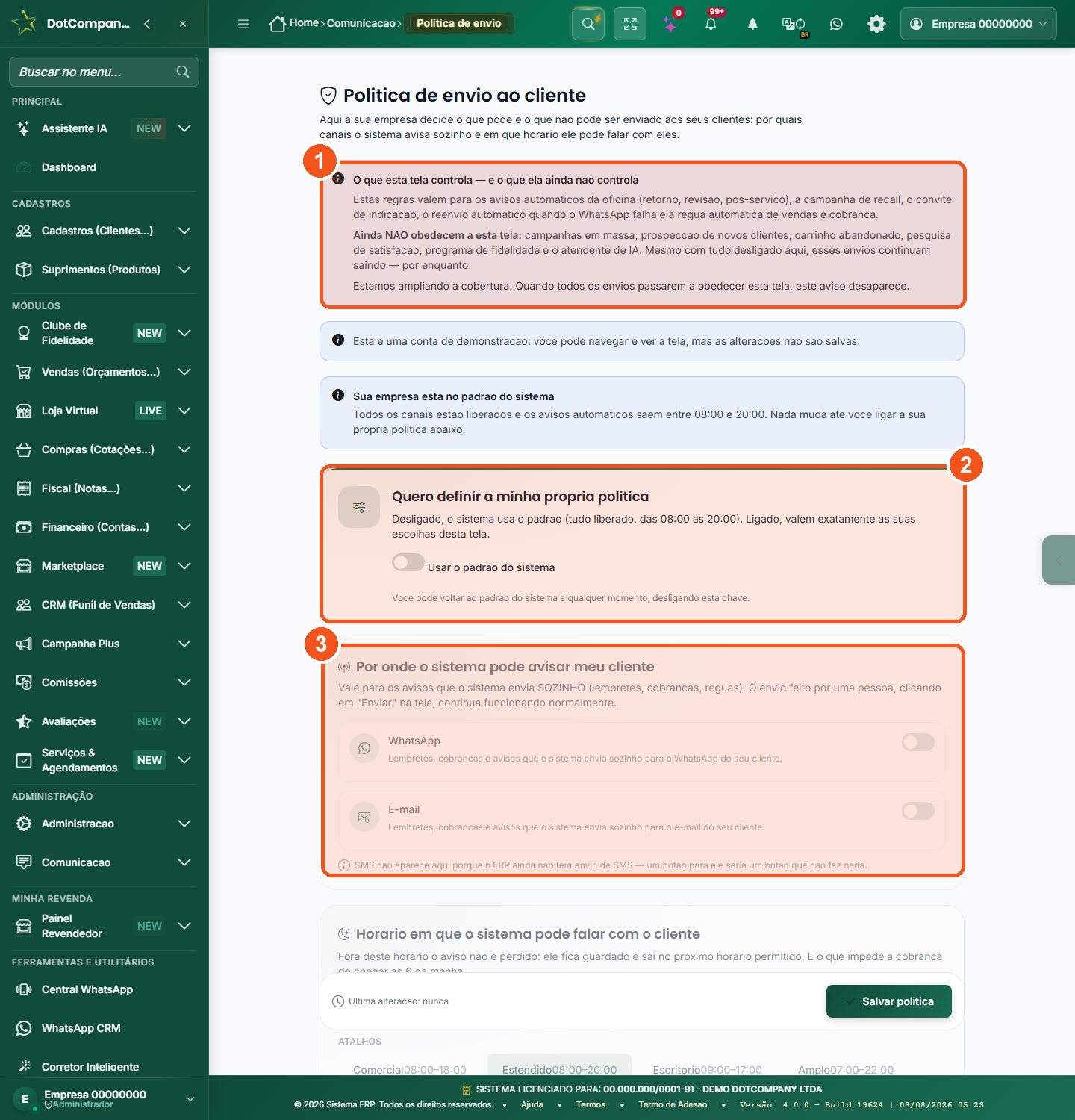 Tela Politica de envio ao cliente com o aviso do que a tela controla, a chave da politica propria e os canais WhatsApp e E-mail