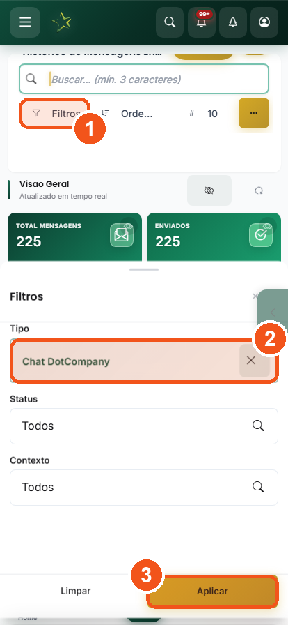 Histórico de Mensagens no celular: o painel Filtros subiu de baixo para cima, com Tipo marcado como Chat DotCompany e os botões Limpar e Aplicar no pé