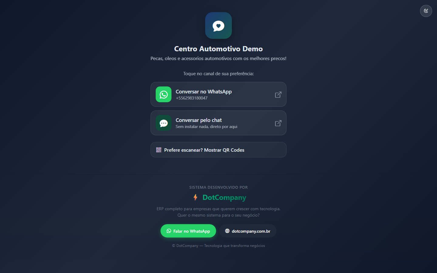 Página pública Centro Automotivo Demo com os botões Conversar no WhatsApp, Conversar pelo chat e Prefere escanear? Mostrar QR Codes