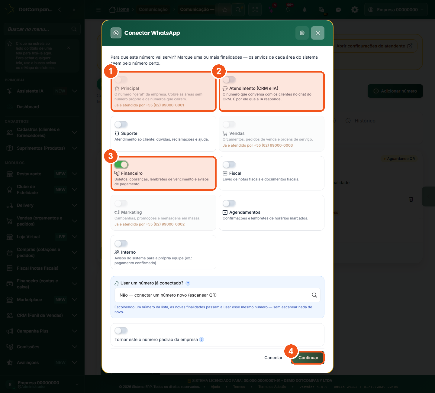 Janela Conectar WhatsApp com as finalidades: Principal, Vendas e Marketing apagadas com Já é atendido por, Financeiro marcado e o botão Continuar