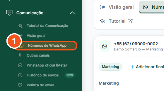 No menu, abra Administração › Comunicação › Números de WhatsApp.