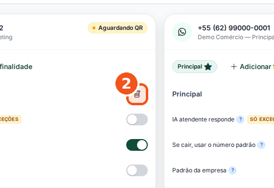 Só se precisar: clique na lixeira da finalidade, no cartão do número que a atende hoje.