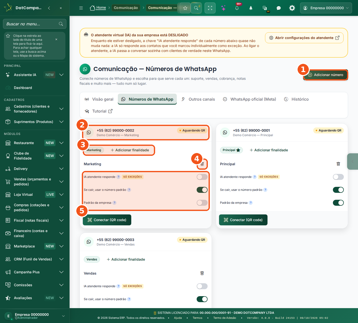 Tela Comunicação — Números de WhatsApp com o botão Adicionar número e três cartões de número aguardando QR
